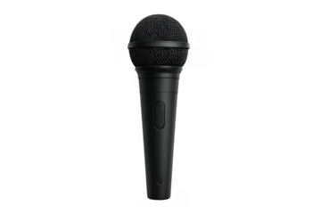 Black wireless microphone capturing sound for live performance, broadcasting, recording, and public speaking, with a transparent background