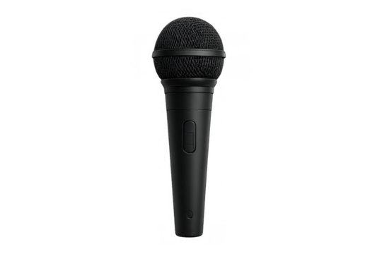 Black wireless microphone capturing sound for live performance, broadcasting, recording, and public speaking, with a transparent background