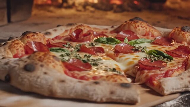 Close up of a pepperoni pizza with fresh herbs on a wooden board food concept