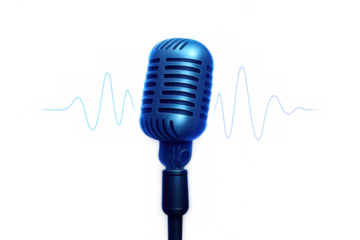 Blue vintage microphone creating sound waves on a transparent background, symbolizing broadcast audio recording and podcasting