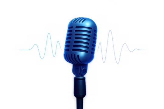Blue vintage microphone creating sound waves on a transparent background, symbolizing broadcast audio recording and podcasting