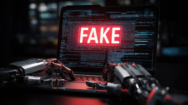 Artificial intelligence creating fake news content. A robotic entity types content with red &ldquo;FAKE&rdquo; text glowing on screen &ndash; symbolizes how generative AI can be misused for spreading misinformation.