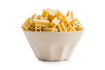 Cinque buchi. Uncooked italian pasta in bowl isolated on white background.