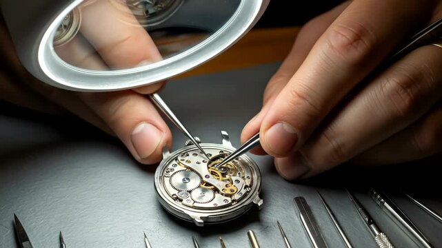 Close-up of a watchmaker repairing a vintage watch movement under a magnifying glass