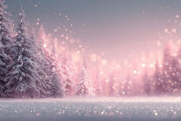 Naklejka premium Icy pink winter background featuring frosty trees adorned with silver sparkles, creating a magical atmosphere perfect for New Year's and Christmas celebrations with copy space