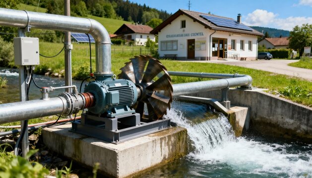 Medium shot capturing the mechanics of a small hydro installation emphasizing ecofriendly electricity production tailored for village infrastructure.