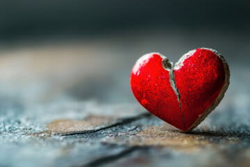 Fototapeta premium A cracked red heart figurine symbolizes heartbreak and emotional pain, resting on a textured surface.