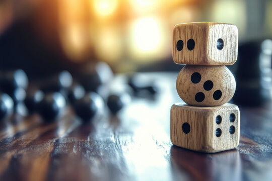Wooden dice stacked on a table, symbolizing chance and risk, with a soft-focused background highlighting game elements.