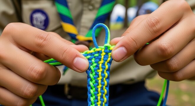 Young scout braiding colorful paracord bracelet with focused hands outdoors