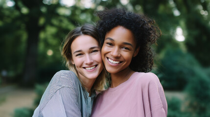Fototapeta premium two happy diverse young women hugging and laughing together in sunny park, close-up lifestyle portrait, joyful friendship and connection, natural sunlight filtering through green t