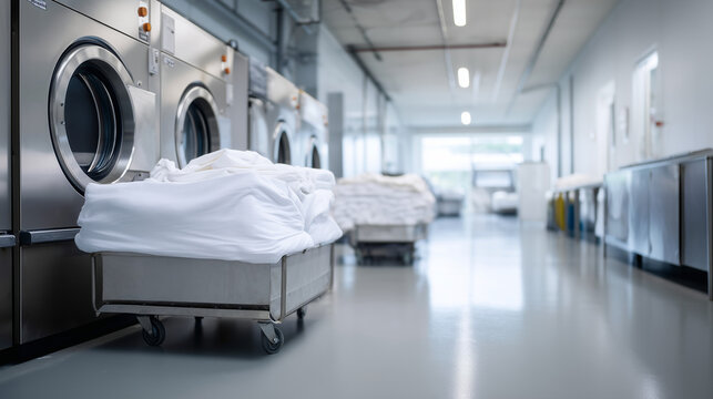 modern industrial laundry facility with large washing machines and carts filled with clean white linens, bright and clean environment, polished floor, stainless steel surfaces, sof