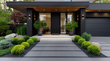 contemporary paved driveway with decorative greenery and garden lights, gray stone tiles and small bushes, symmetry and neat order, light and airy photography style, elegant reside