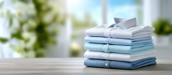 pile of neatly folded shirts in white and light blue shades on bright table, soft daylight background, fresh laundry and ironing concept, modern minimal home style, smooth cotton f