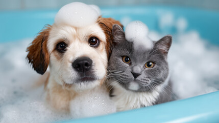funny scene of a dog and cat taking a bath together in a light blue bathtub, foam and bubbles around, playful moment, clean white background, humorous pet care concept, bright and