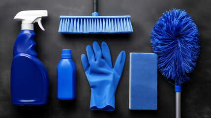 flat lay of blue cleaning supplies on dark textured background, spray bottle, brush, gloves, mop and dustpan neatly arranged, minimalist housekeeping concept, modern composition wi