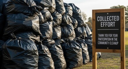 Fototapeta premium Community cleanup success: large pile of trash bags emphasizes team effort in local clean-up initiative
