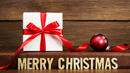 White gift box red ribbon festive ornament wooden background christmas present