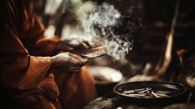 Close-up of a person's hands holding burning incense sticks creating smoke during a spiritual