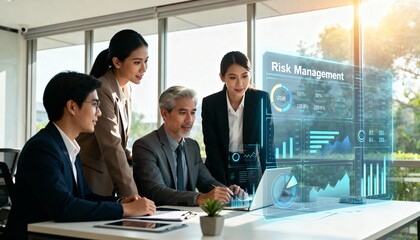 Diverse business team analyzing risk management data on a futuristic holographic interface. Corporate professionals collaborating on financial strategy in a modern office