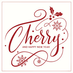 Festive Cherry Christmas and Happy New Year Typography Vector with Snowflakes and Holly for Unique Holiday Greeting Cards