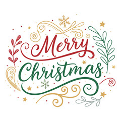 Merry Christmas Typography Vector with Red Green and Gold Swirls, Festive Holiday Lettering Design