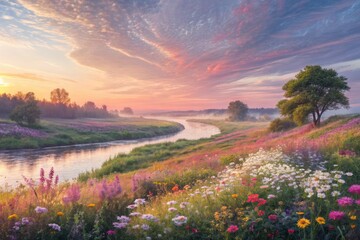 Fototapeta premium Calm River Flows Through Colorful Wildflowers at Sunrise in Peaceful Landscape