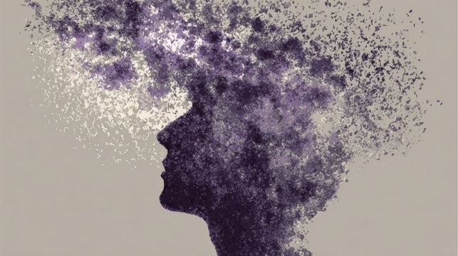 Abstract human head silhouette dissolving into fragmented purple particles on beige background