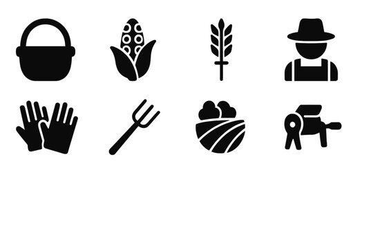 Crop Collection Icons. Crop collection. Filled icon set of crop collection: basket, corn, wheat sheaf, farmer,