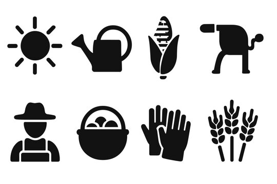 Sustainable Farming Icons. Sustainable farming. Filled icon set of sustainable farming: sun, water can, corn,