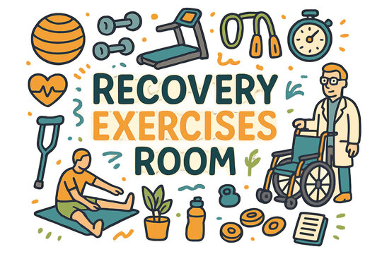 Recovery Room Doodle. Recovery Exercises Room. Hand-drawn doodle illustration of recovery exercises room.
