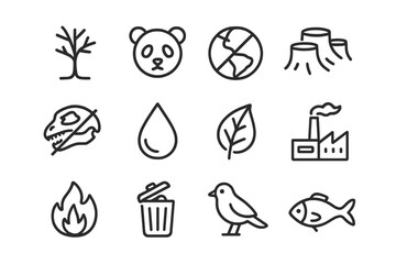 Biodiversity Loss Icons. Biodiversity loss. Line outline icon set of biodiversity loss: tree, endangered
