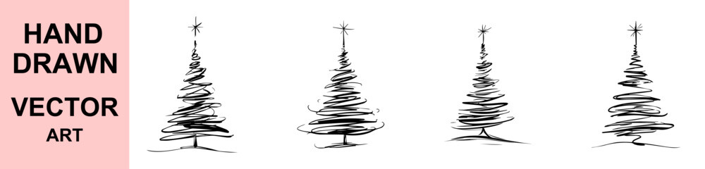 Minimalist hand drawn Christmas tree vector illustration, modern abstract holiday pine tree with star, elegant black and white doodle art for seasonal greeting cards and winter decoration