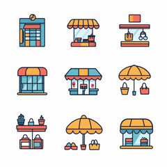 Collection of diverse stall and shop icons representing retail and market stalls, food stands, and small businesses in a vibrant and colorful design