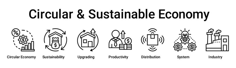 Circular & Sustainable Economy banner web icon vector illustration concept for business with icon of Circular Economy, Sustainability, Upgrading, Productivity, Distribution, System.