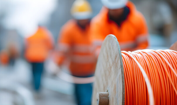 Reel with orange fiber optic cable for fast internet connection with blurry men working in background. Telecommunications network infrastructure.