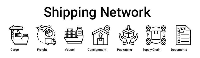 Obraz premium Shipping Network banner web icon vector illustration concept for business with icon of Cargo, Freight, Vessel, Consignment, Packaging, Supply Chain, Delivery.