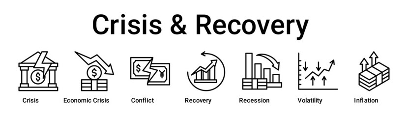 Crisis & Recovery banner web icon vector illustration concept for business with icon of Crisis, Economic Crisis, Conflict, Recovery, Recession, Volatility.