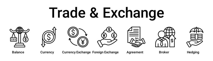 Trade & Exchange banner web icon vector illustration concept for business with icon of Balance, Currency, Currency Exchange, Foreign Exchange, Agreement, Broker.