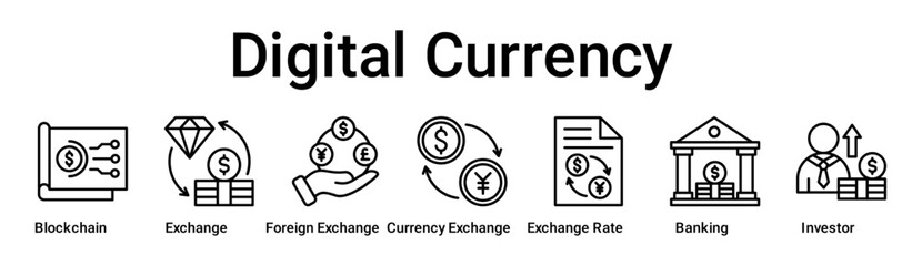 Digital Currency banner web icon vector illustration concept for business with icon of Blockchain, Exchange, Foreign Exchange, Currency Exchange, Exchange Rate, Banking.