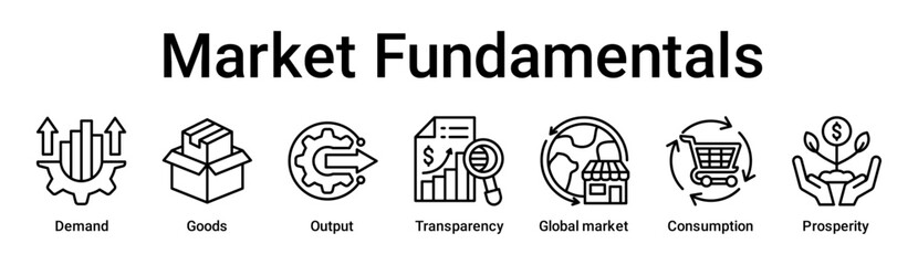 Market Fundamentals banner web icon vector illustration concept for business with icon of Demand, Goods, Output, Transparency, Global market, Consumption.