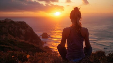 Woman meditating on cliff during sunset over ocean