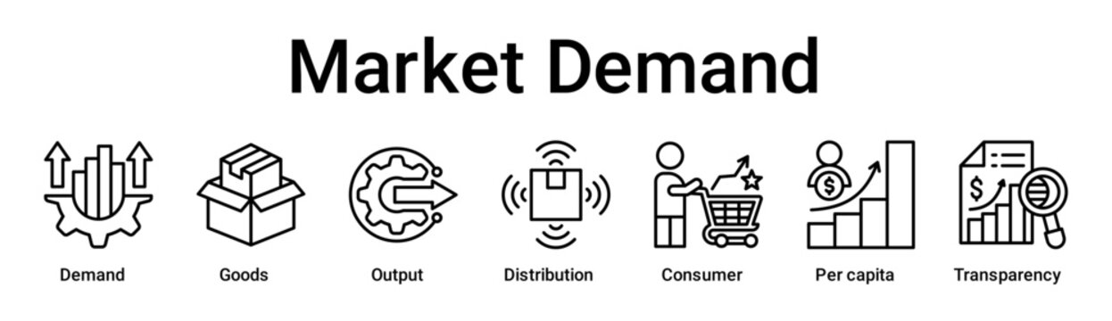 Market Demand banner web icon vector illustration concept for business with icon of Demand, Goods, Output, Distribution, Consumer, Per capita.