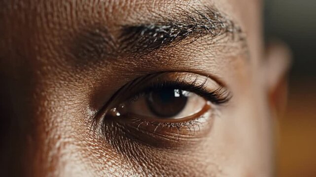 Close up of human eye brown iris with detailed skin texture and natural lighting