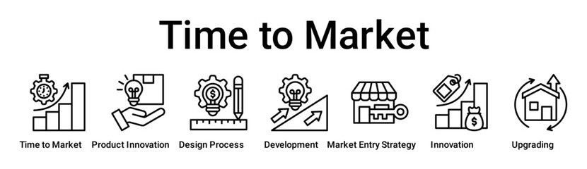 Obraz premium Time to Market banner web icon vector illustration concept for business with icon of Time to market, Product innovation, Design Process, Development, Market Entry Strategy, Innovation.