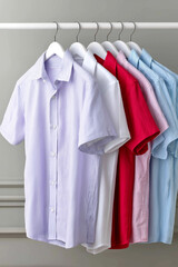 Obraz premium Hanging clothes on a simple white rack featuring a minimalist composition with striped and solid color shirts, showcasing a modern and organized wardrobe aesthetic with copy space