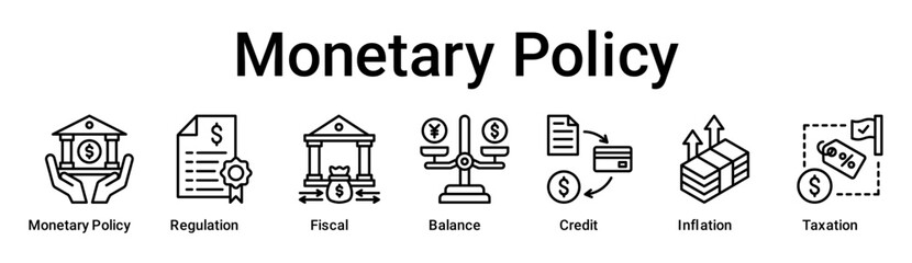 Monetary Policy banner web icon vector illustration concept for business with icon of Monetary policy, Regulation, Fiscal, Balance, Credit, Inflation.