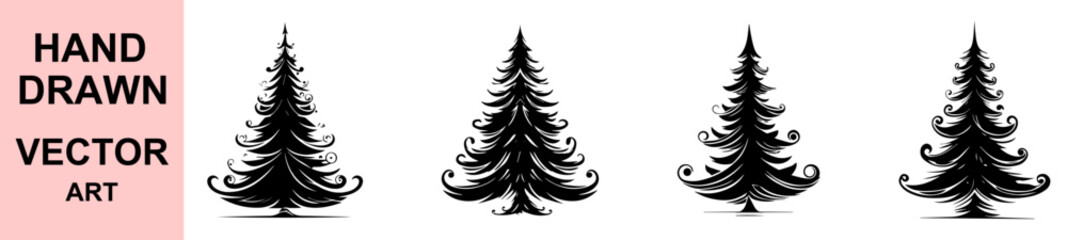 Stylized hand drawn decorative pine tree vector illustration, elegant swirling branch design, artistic black and white forest tree silhouette for festive, holiday and creative projects