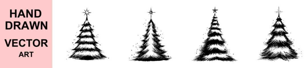 Hand drawn Christmas pine tree vector illustration, black and white sketch art with star, festive winter holiday doodle design for cards, decoration and seasonal creative projects