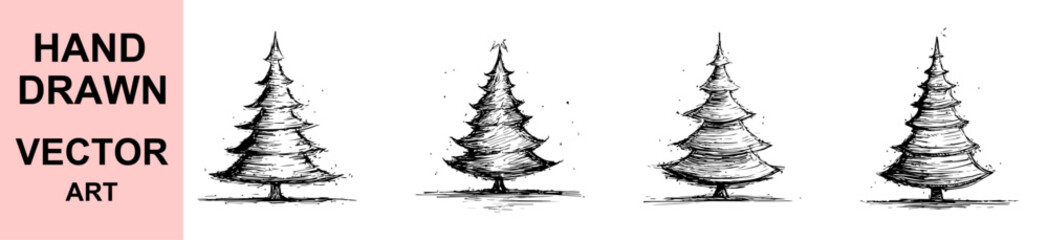 Hand drawn pine tree vector illustration, black and white forest tree sketch art, natural woodland evergreen design, detailed ink drawing for nature, outdoor and wilderness projects