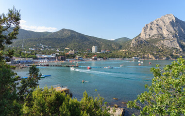 Panorama of Novy Svet bay with Mount Sokol, Crimea, summer morning by the sea